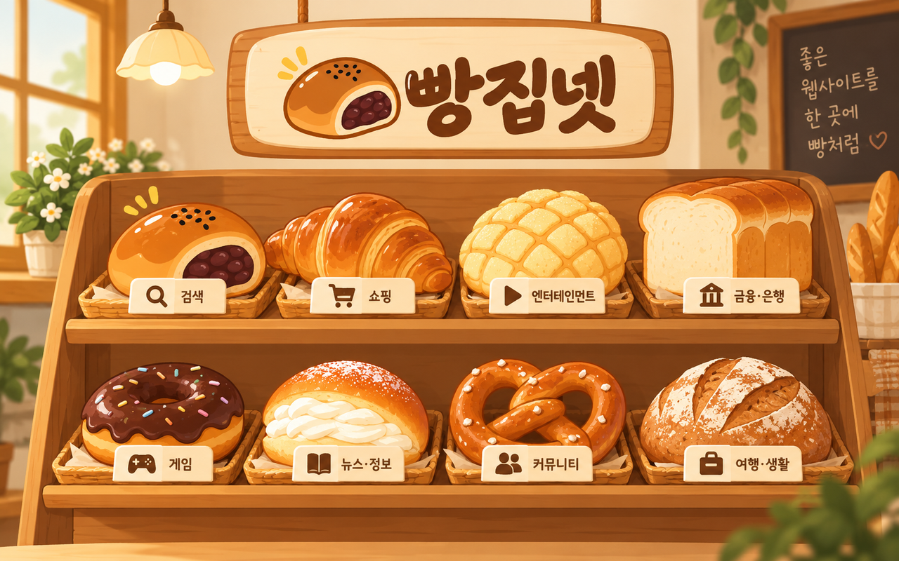 빵집넷이 공식 주소를 빵처럼 진열대에 갓 구워 올리는 주소모아·링크모아를 표현한 안내 이미지